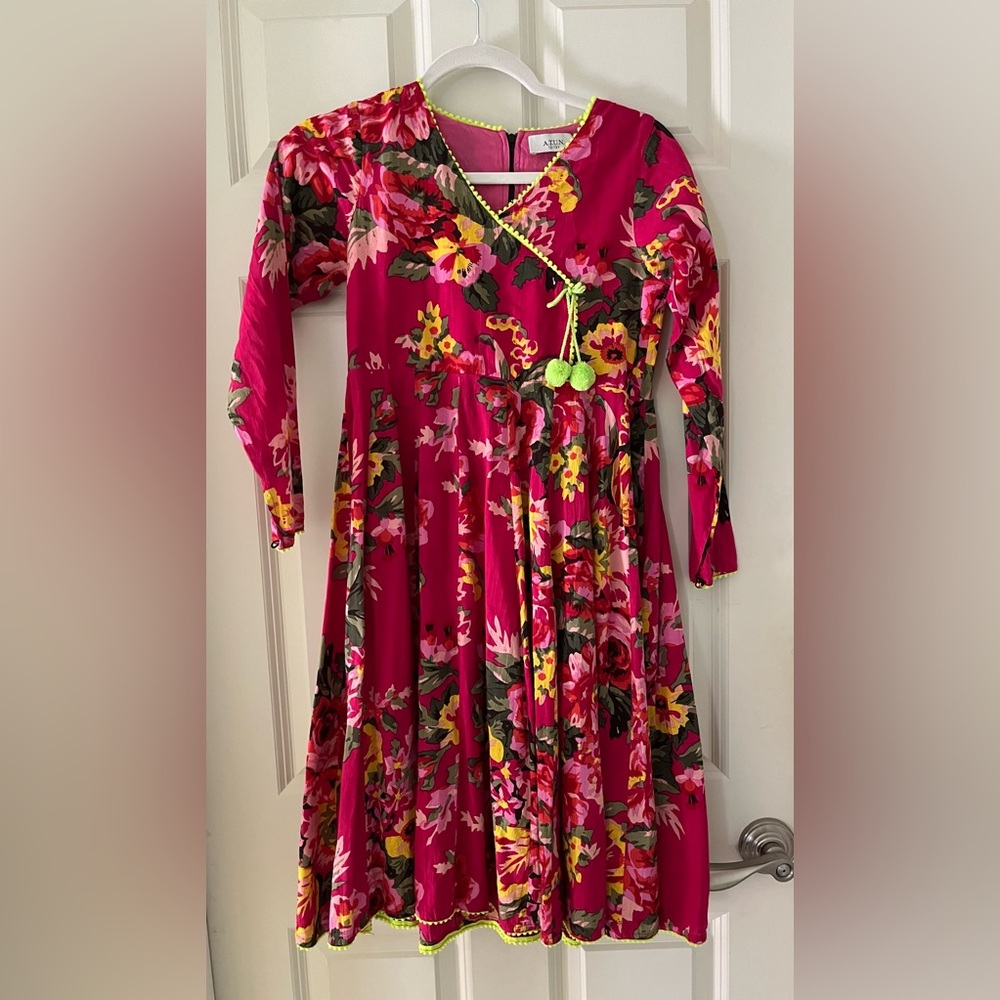 A.T.U.N Girls bright floral long sleeve dress, 12-13Y tassels boho bright